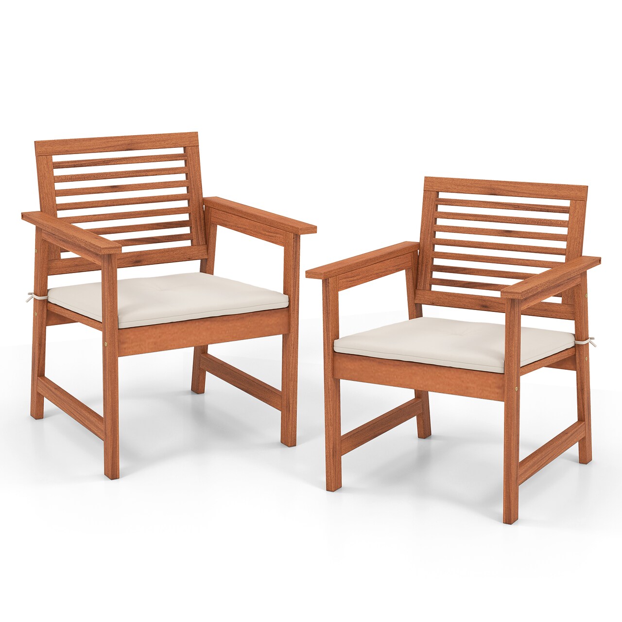 Set of 2 Patio Dining Chairs with Cushions and Slatted Solid Wood Seat